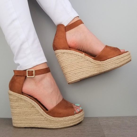 Shoes - Tan Suede Espadrille Wedge Heel Sandals-E